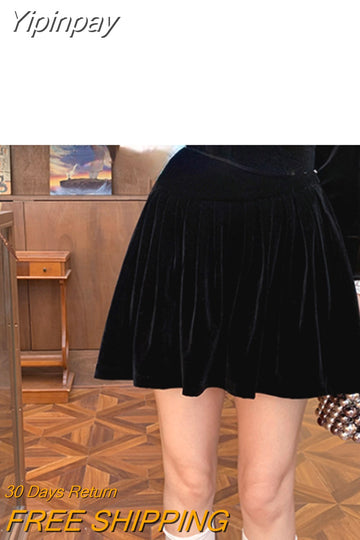 Yipinpay Autumn Velvet Suit Long Sleeve Lace Crop Tops + Pure Color Slim Mini Skirt Woman Vintage 2 Piece Dress Set Korean Fashion